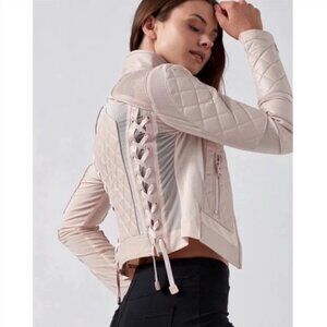 Blanc Noir Leather Mesh Moto Jacket Zip-Down Lace-Up Light Pink Size Medium NWT